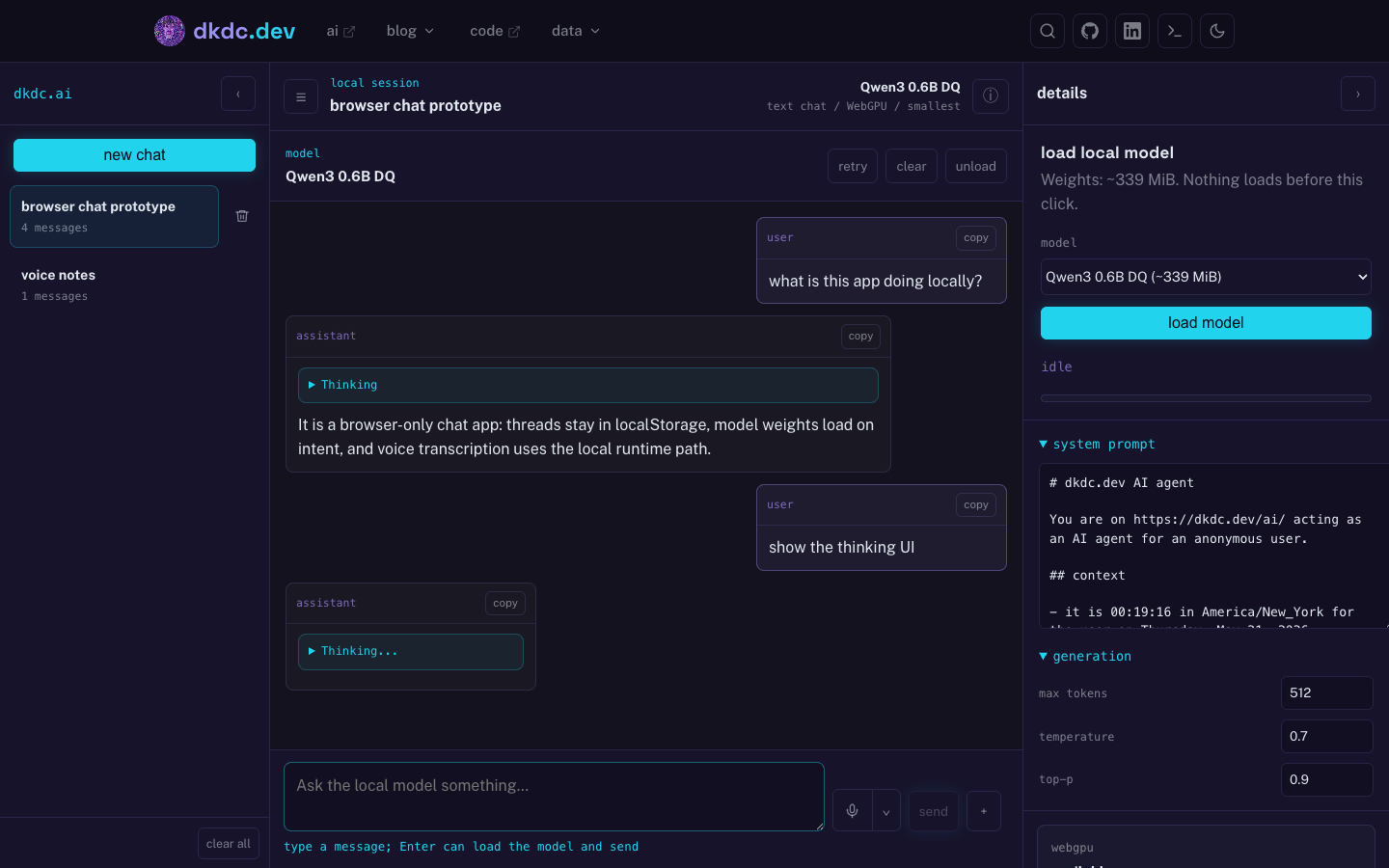 /ai app in personal dark theme with a restored local chat