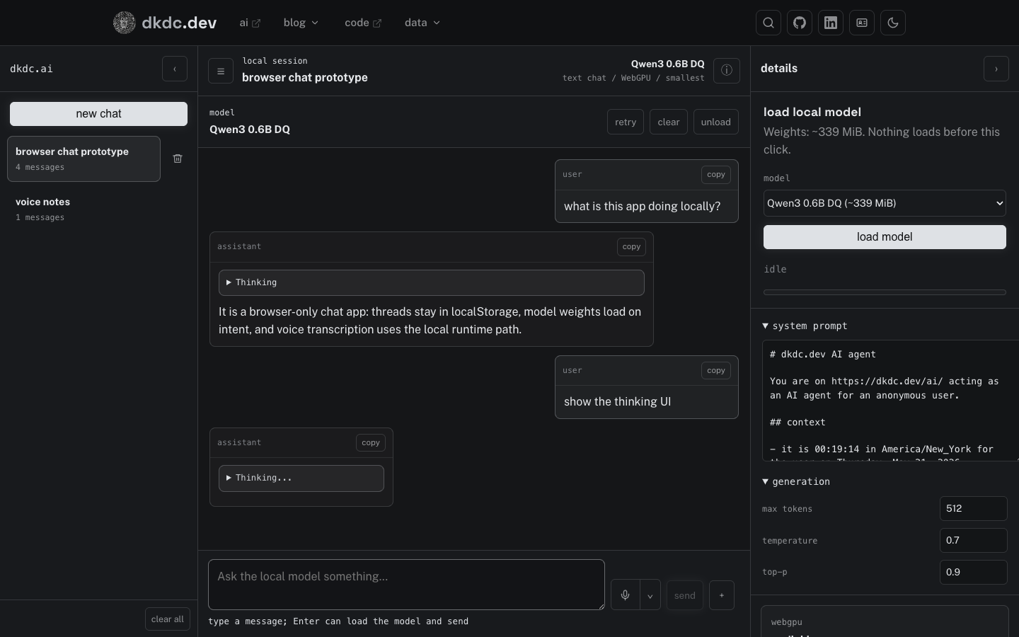 /ai app in professional dark theme with a restored local chat